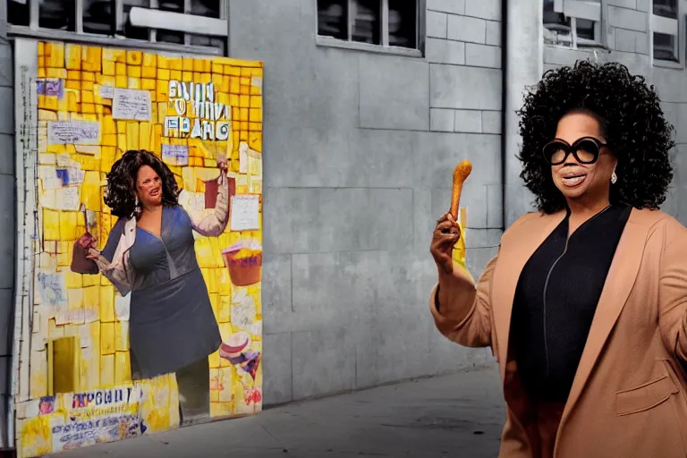 Image similar to oprah winfrey holding a corndog pointing to homeless people, mission street, hyper realistic, 8 k, ethereal details, high resolution, cinematic lighting