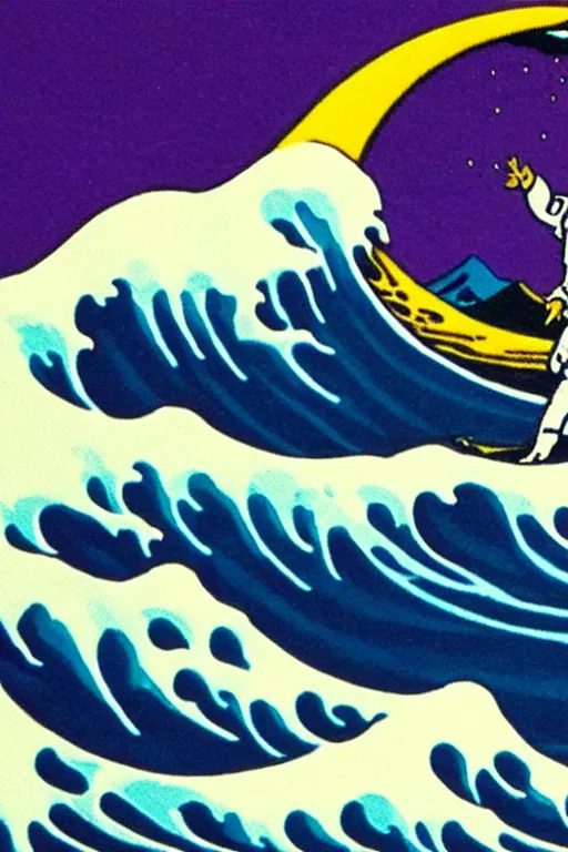 Image similar to an astronaut surfing the great wave off kanagawa on a purple surboard