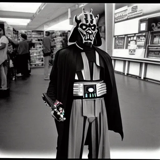 Image similar to darth maul waiting in line at a walmart in the early 1 9 9 0 s, polaroid picture