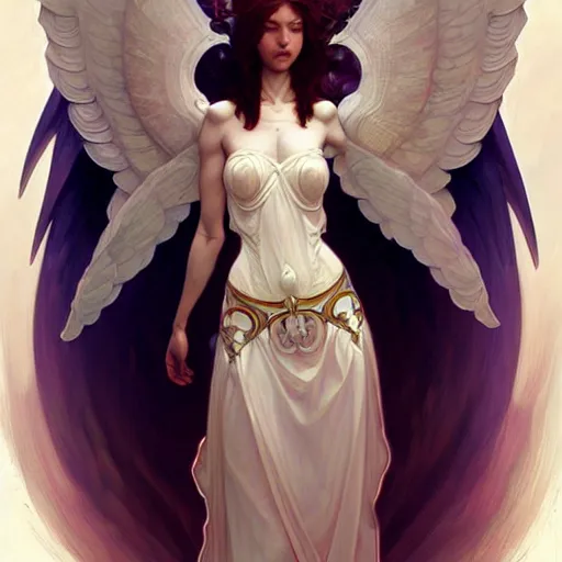 Image similar to Winged girl angel, fantasy, intricate, elegant, highly detailed, digital painting, artstation, concept art, smooth, sharp focus, illustration, art by Krenz Cushart and Artem Demura and alphonse mucha