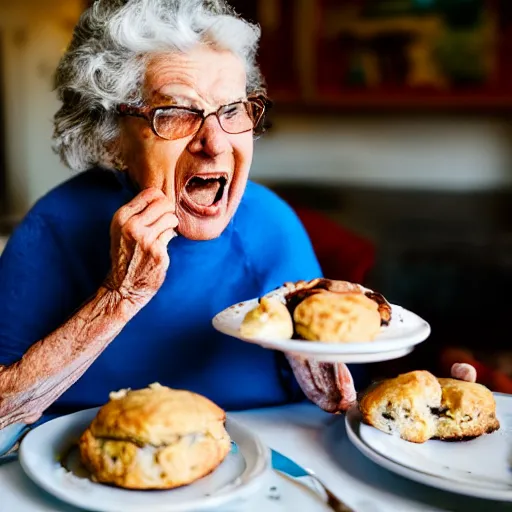 Image similar to elderly woman screaming at a plate of scones, canon eos r 3, f / 1. 4, iso 2 0 0, 1 / 1 6 0 s, 8 k, raw, unedited, symmetrical balance, wide angle