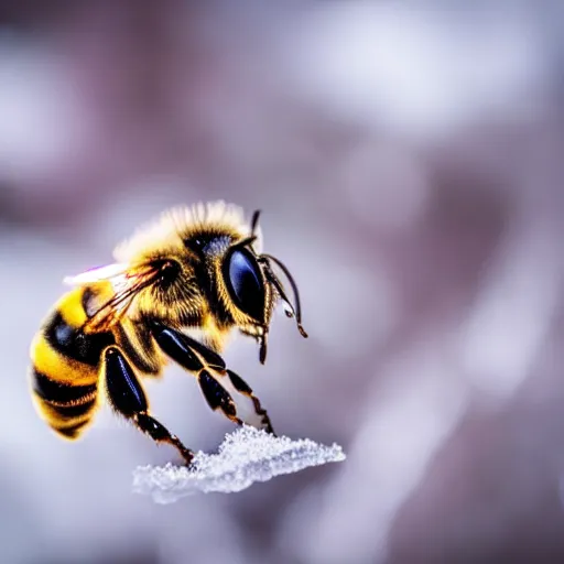 Image similar to a bee trying to reach a huge snowflake, there is winter everywhere, beautiful macro photography, ambient light