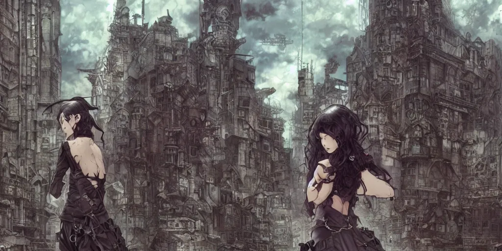 Image similar to goth woman in front of city, color page, tankoban, 4 k, tone mapping, akihiko yoshida, james jean andrei riabovitchev marc simonetti, yoshitaka amano, long hair, curly, h. hydrochaeri