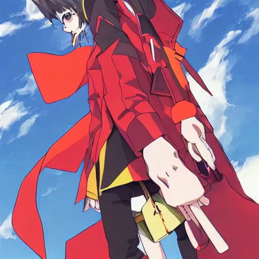 Prompt: gainax anime characters evangelion flcl fooly cooly wearing oversized hoodies balenciaga vetements, official art