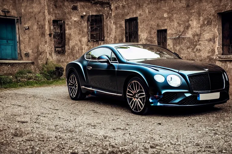 Image similar to modern rusty matte Bentley Continental GT without gloss no reflections drives along the road of an old Russian village with houses at the edges