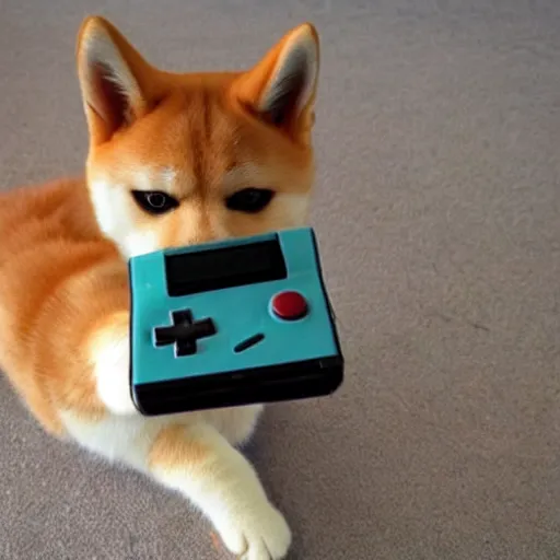 Prompt: a cat shiba inu playing a gameboy