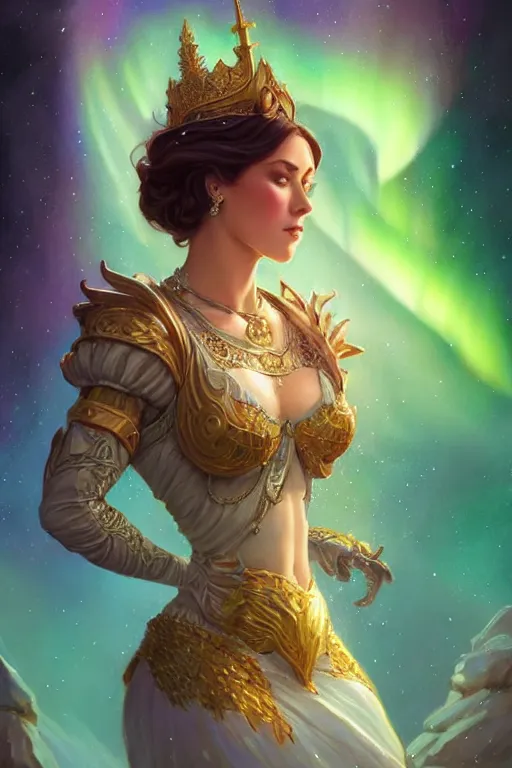 Prompt: beautiful female queen, full body shot, short hair, d & d, golden trims, ethereal background, aurora borealis, fantasy, intricate, elegant, highly detailed, digital painting, artstation, concept art, matte, sharp focus, illustration, hearthstone, art by artgerm and greg rutkowski and alphonse mucha