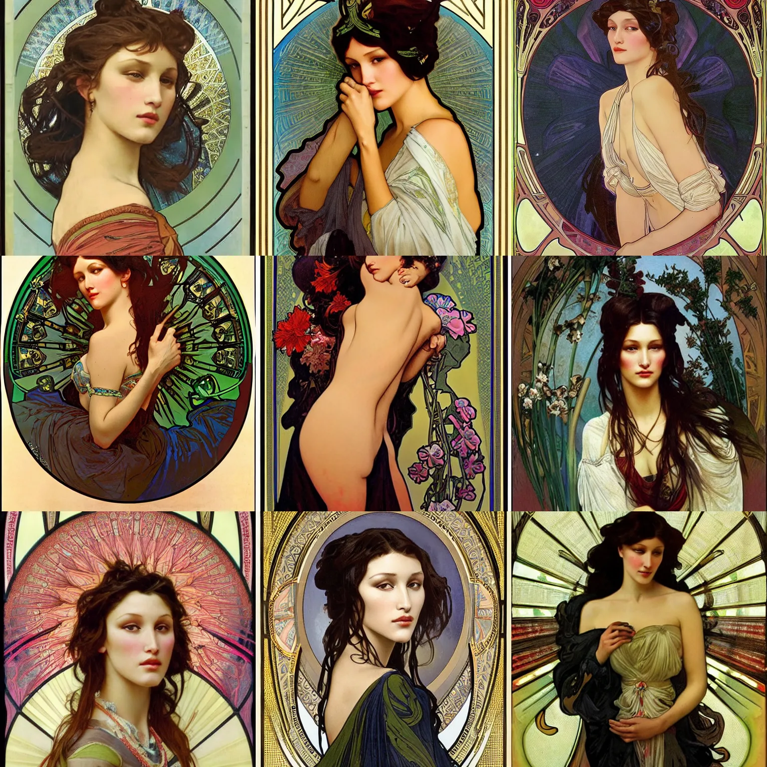 Prompt: Bella Hadid painted by Alphonse Mucha