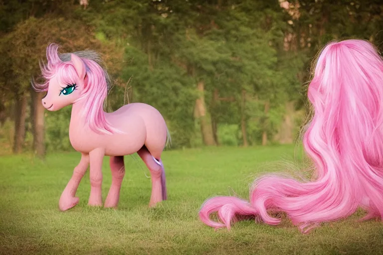 Prompt: Pinkie Pie equine, view from behind, pony facing away, professional photography and mood lighting, equine photo, sitting down, flowing mane and tail, relaxed expression