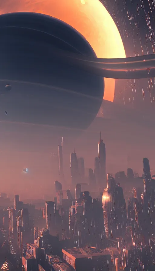 Image similar to an otherworldly futuristic Blade Runner cityscape with the planet Saturn in the background, ultra realistic, 8K