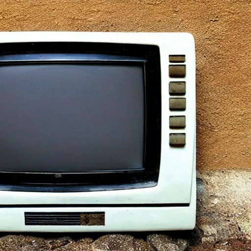 Prompt: a retro crt television carved from stone, ttelevision made by ancient taino and aztec