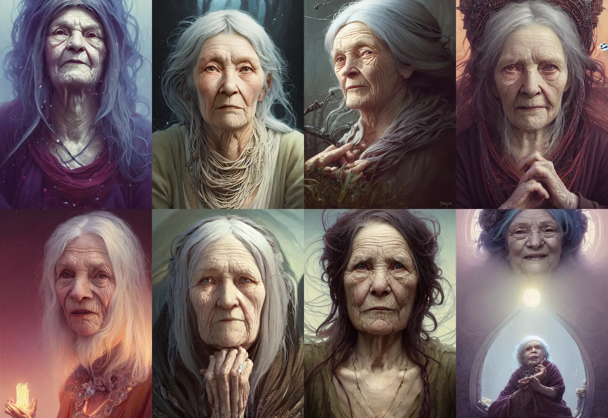 Image similar to highly detailed portrait of a very old woman with long hairs, stephen bliss, unreal engine, fantasy art by greg rutkowski, loish, rhads, ferdinand knab, makoto shinkai and lois van baarle, ilya kuvshinov, rossdraws, tom bagshaw, alphonse mucha, global illumination, radiant light, detailed and intricate environment