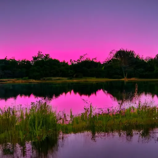 Image similar to dusk with pink and lavender sky with light pink clouds on a lake reflecting the pink sky dreamland