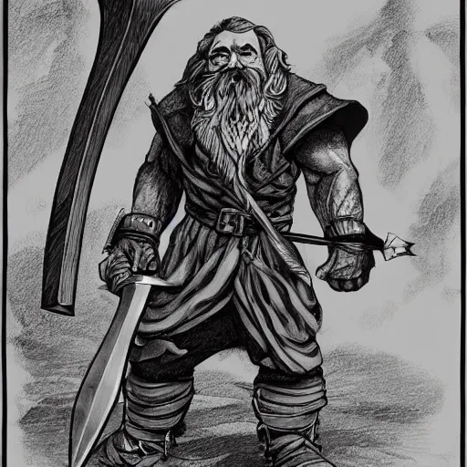 Prompt: line drawing of a fantasy dwarf fighter with a huge iron axe, sunny day, matte painting, bold shapes, hard edges, 7 0 s dungeons and dragons book cover art by greg irons, dave sutherland