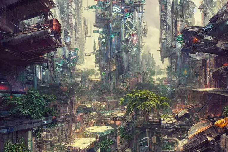 Image similar to a cyberpunk city in ruins, jungle plants overgrowing the streets and buildings, cats run through the ruins, drinking from pools of water and climbing on old fallen signs, by artgerm and amano and rutkowski and kincaid, trending on artstation