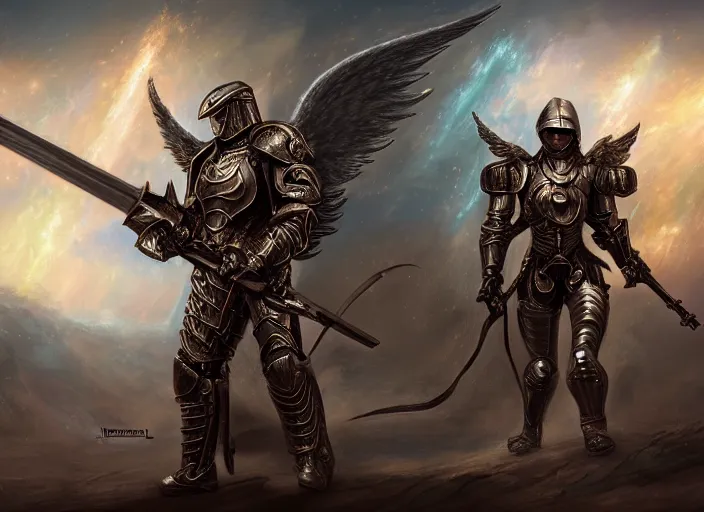 Prompt: a digital painting of an angel in armor in armor in armor holding two massive guns, big weapons, a digital rendering by jan tengnagel, fantasy art, deviantart uhd, deviantart, apocalypse art, ray tracing, highly detailed, high quality, 8 k resolution
