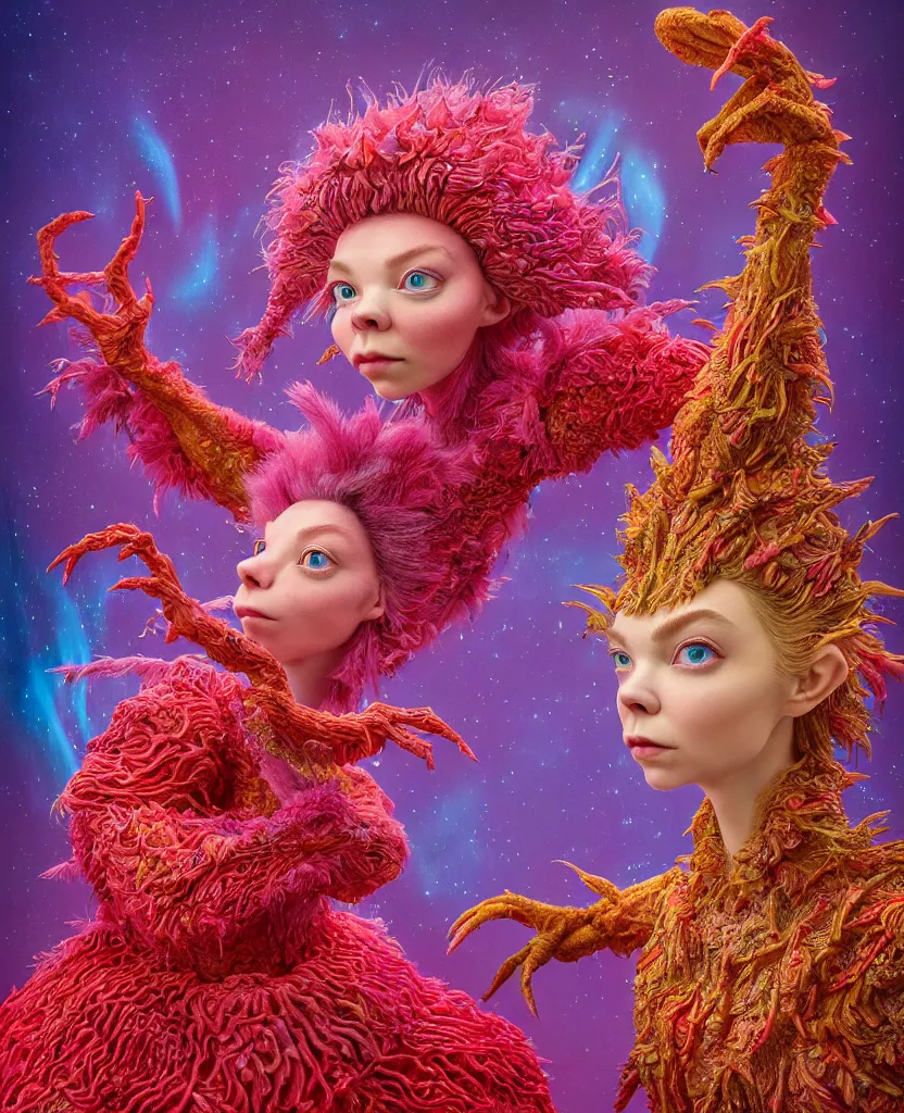 Image similar to hyper detailed 3d render like a Oil painting - kawaii portrait of two Aurora (a beautiful skeksis muppet fae princess protective playful expressive acrobatic from dark crystal that looks like Anya Taylor-Joy) seen red carpet photoshoot in UVIVF posing in scaly dress to Eat of the Strangling network of yellowcake aerochrome and milky Fruit and His delicate Hands hold of gossamer polyp blossoms bring iridescent fungal flowers whose spores black the foolish stars by Jacek Yerka, Ilya Kuvshinov, Mariusz Lewandowski, Houdini algorithmic generative render, golen ratio, Abstract brush strokes, Masterpiece, Edward Hopper and James Gilleard, Zdzislaw Beksinski, Mark Ryden, Wolfgang Lettl, hints of Yayoi Kasuma and Dr. Seuss, octane render, 8k