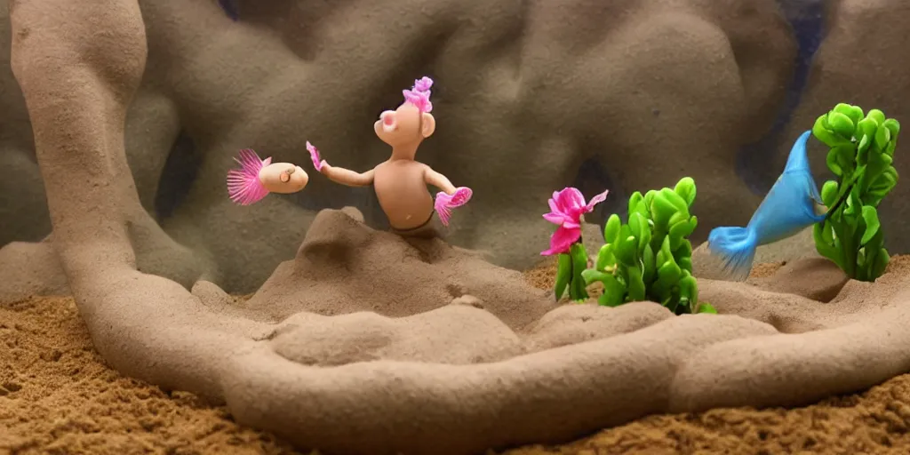 plasticine model, clay figures. side view of tropical