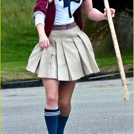 Image similar to emma watson as hermione granger in her school uniform, short miniskirt, holding her broomstick, photo shoot, cute