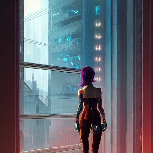 Image similar to portrait of cyberpunk woman looking out of a window, cyberpunk setting, futuristic, highly detailed, intricate lighting, digital painting, sharp focus, illustration, trending on artstation, art by marc simonetti.