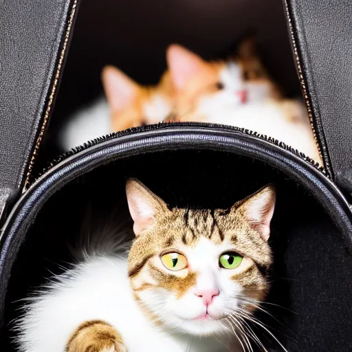 Image similar to a highly detailed photo of multiple furry cats, they are inside a big handbag, black background, studio lighting, 4 k, 8 k