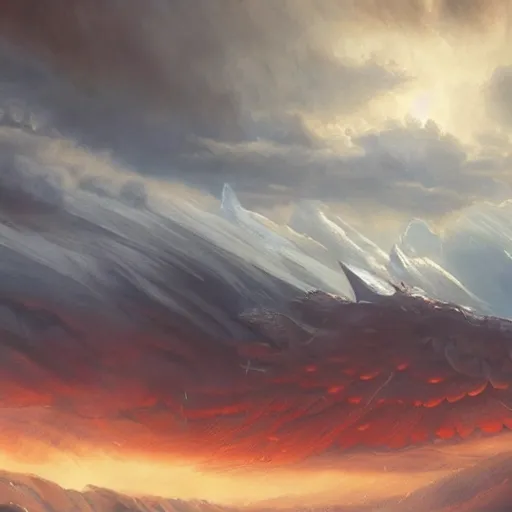 Image similar to red dragon by greg rutkowski, plutus su and chris scalf and lucas graciano and billy christian and alex konstad and mark zug, mountains, blue and white color palette, painting, d & d, fantasy, detailed, realistic, complimentary colors, light, artstation, cinematic, dramatic lighting, close up, storm clouds, hudson river school