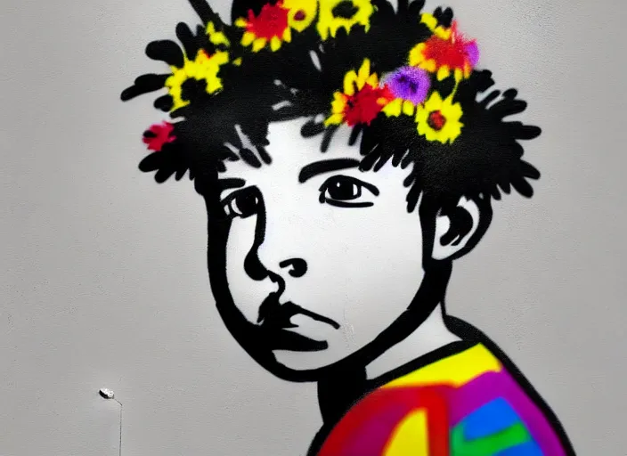 Prompt: a side profile of a black and white single boy holding colourful flowers in the style of Banksy on a white concrete background, graffiti, digital art