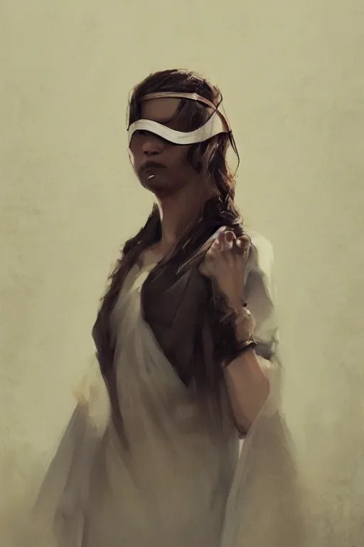 Image similar to a fancy portrait of a blindfolded women by greg rutkowski, sung choi, mitchell mohrhauser, maciej kuciara, johnson ting, maxim verehin, peter konig, 8 k photorealistic, cinematic lighting, hd, high details, dramatic, atmosphereric, trending on artstation