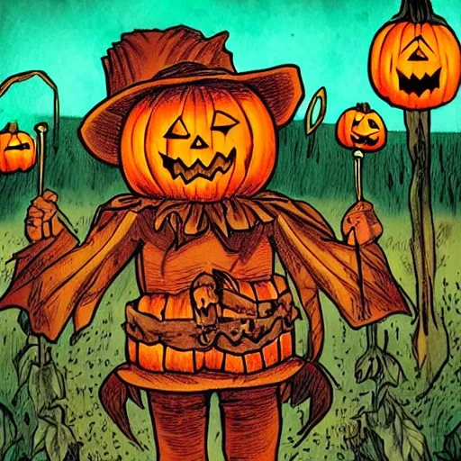 Image similar to Sam from Trick R Treat, stands in front of pumpkin filled lawn at Night, Halloween comic book, comic book art in the style of frank miller