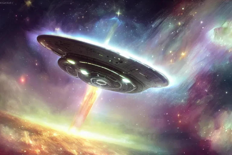 Prompt: the starship enterprise, in deep space, nebula, concept art by kashin wadim