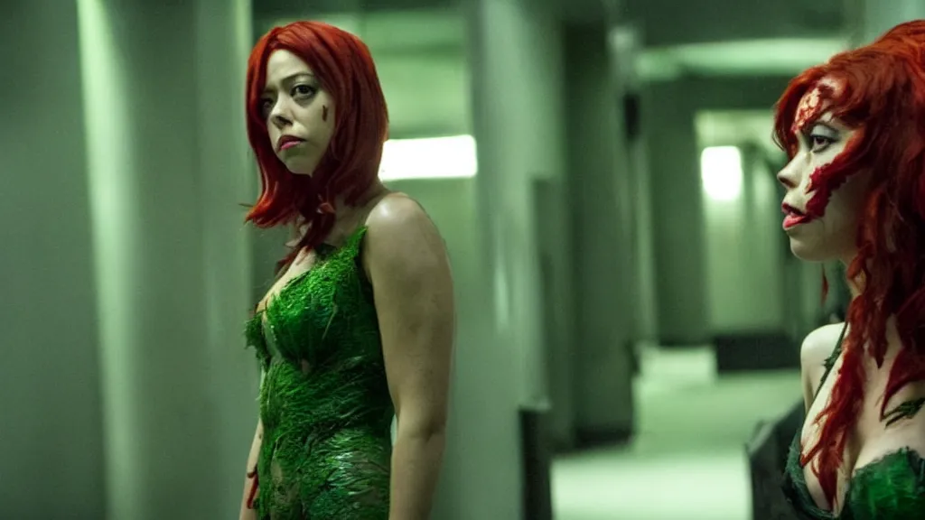 Image similar to Aubrey Plaza as Poison Ivy in The Dark Knight, green skin film still from the movie directed by Denis Villeneuve, wide lens