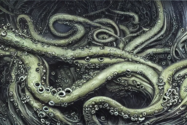 Prompt: ultra realist soft painting of the world of lovecraft elden ring and giger gigantic oily tentacles and eyes very intricate details ultra dense