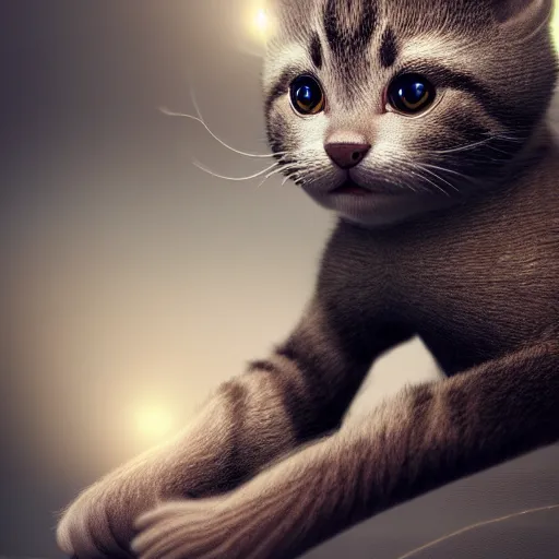 Prompt: full body pose, hyperrealistic photograph of a cute cyborg kitten, dim volumetric lighting, 8 k, octane beautifully detailed render, extremely hyper detailed, intricate, epic composition, cinematic lighting, masterpiece, trending on artstation, very very detailed, stunning, hdr, smooth, sharp focus, high resolution, award, winning photo, dslr, 5 0 mm