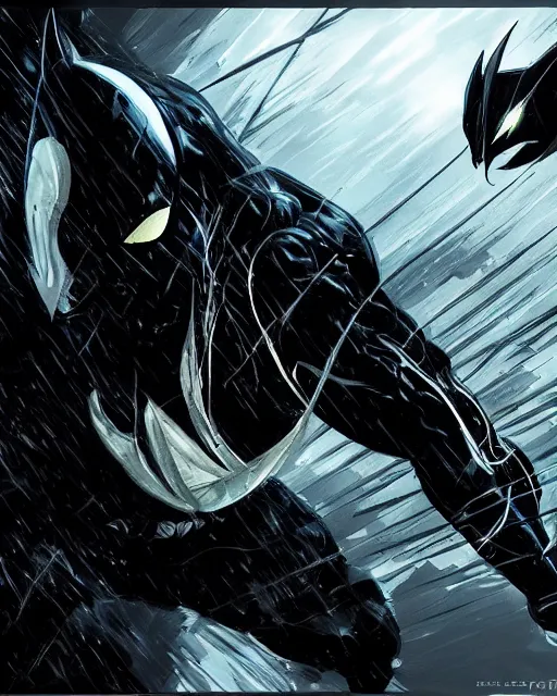 Image similar to venom as batman, with the powers of flash, dynamic lighting, fantasy concept art, trending on art station, stunning visuals, creative, cinematic, ultra detailed, comic strip style, sumihei