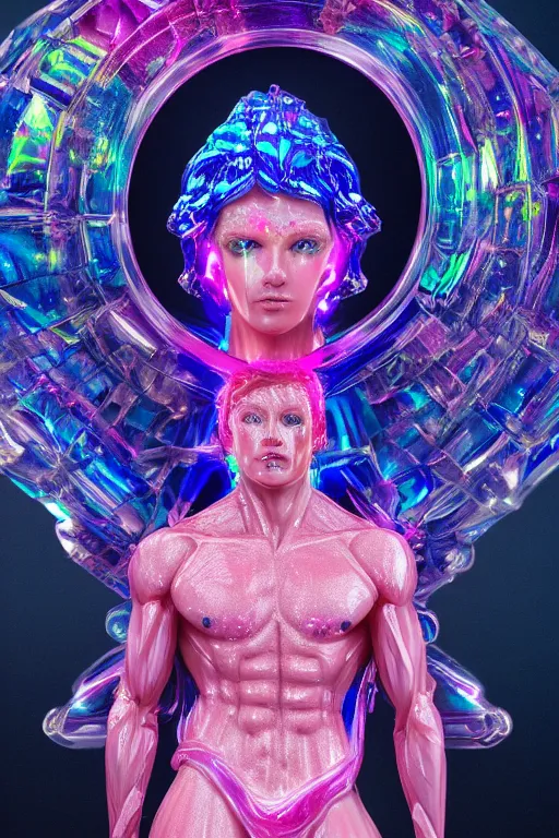 Image similar to hyper detailed ultra sharp fullbody photo of baroque and cyberpunk transparent pink ceramic sculpture of a muscular seductive muscular italian guido feeling muy cachondo, muy dotado, iridescent humanoid deity wearing pink plastic seethrough cloak, holding a rainbow tiger gem, blue diamond, glowing pink face, crown of white diamonds, cinematic lighting, photorealistic, octane render 8 k