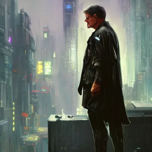 Prompt: robin williams dressed as a bladerunner, sci fi, intricate, viewed from far away, cyberpunk, rainny city streets, highly detailed, digital painting, artstation, concept art, matte, sharp focus, illustration, art by greg rutkowski and alphonse mucha