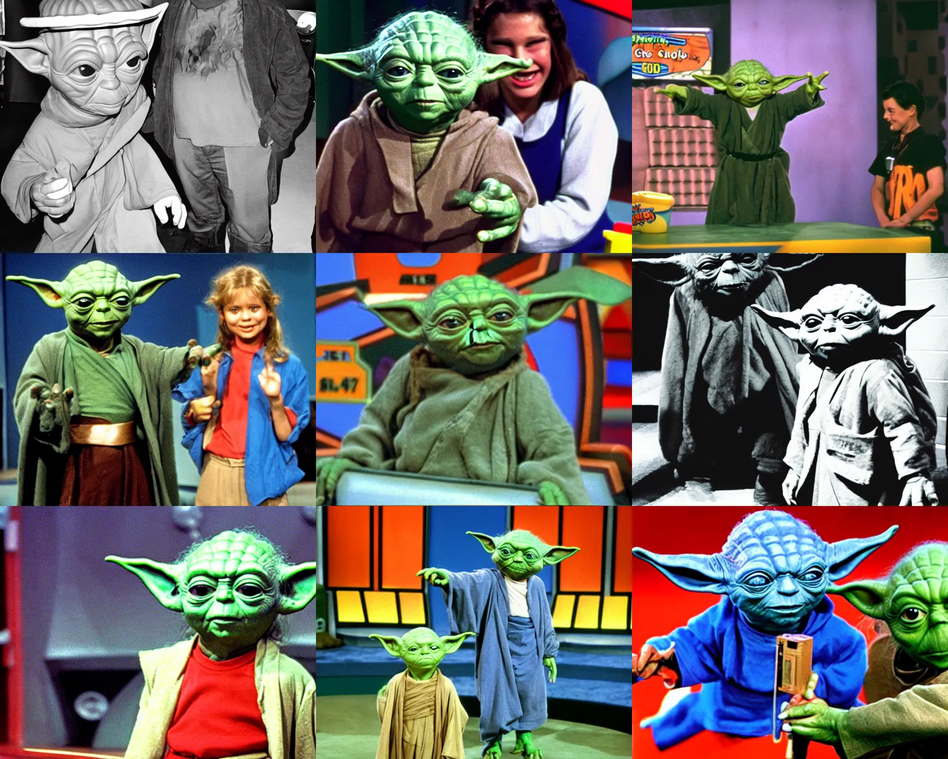 Prompt: yoda on the set of 9 0's nickelodeon game show