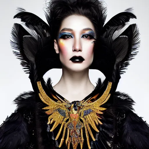 Prompt: a hyperrealistic high fashion portrait of a fierce proud queen of ravens, in a black dress with a collar made of iridescent feathers and golden adornments, photorealistic, intricate details, by zhang jingna and soey milk and amir ershadi and anja millen