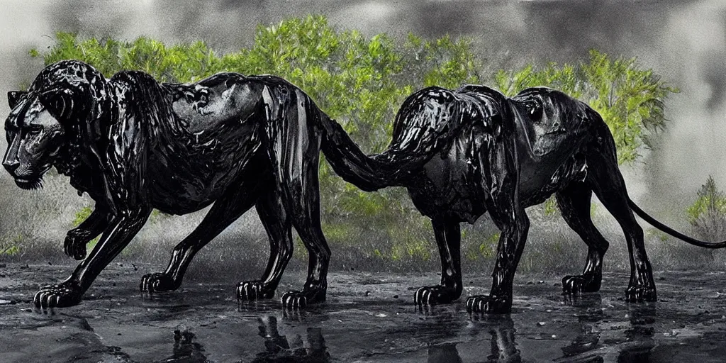 Prompt: the black lioness made of ferrofluid, walking in the suburban neighborhood, dripping tar. painting, environment art, realistic, detailed