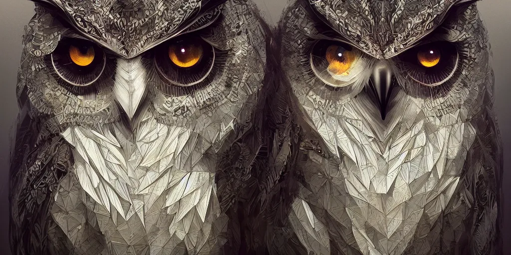 Image similar to portrait of a geometric owl, identical eyes, medium shot, illustration, full body made of white feathers, symmetrical, art stand, super detailed, cinematic lighting, and its detailed and intricate, gorgeous, by peter mohrbacher