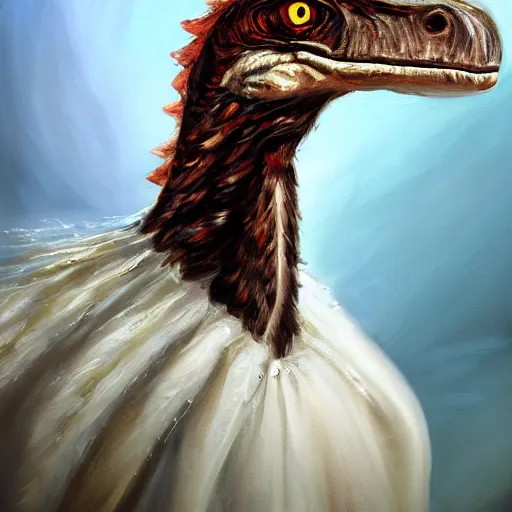 Image similar to oil painting of a velociraptor wearing a white wedding dress, atmospheric, beautiful, cinematic, detailed, fullbody portrait, 4 k, 8 k