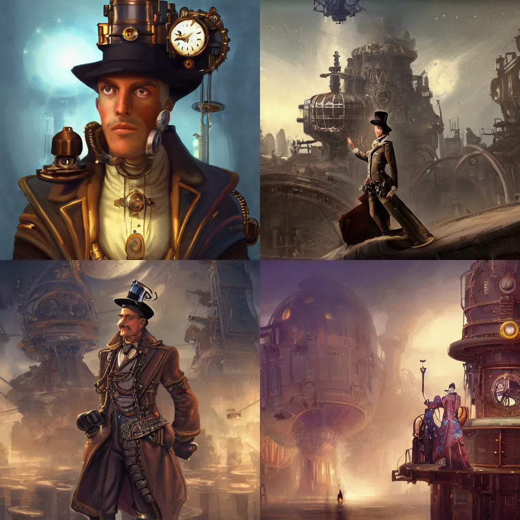 Prompt: a poster of a noble lean male in hat in the center, posing with crossed arms, steampunk spaceship on background, by tyler edlin and lindsey look, victorian, concept art, steam romance, adventure, jonathan winterhart, detailed, 4k resolution, trending on artstation