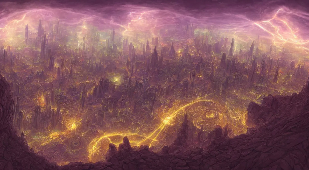 Image similar to tony diterlizzi's beautiful digital painting of sigil, the city of doors, located atop the spire in the outlands. it has the shape of a torus, and the city itself is located on the inner surface of the ring. there is no sky., digital art, volumetric lightning, amazing fantasy art