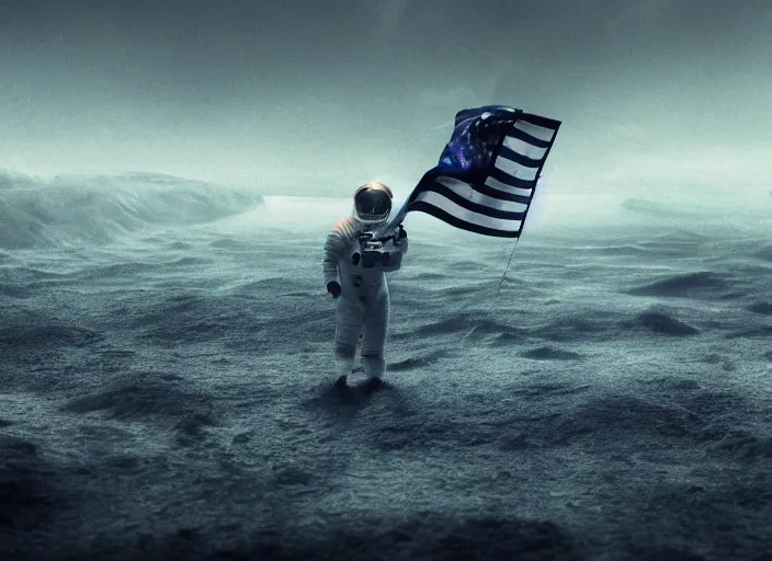 Image similar to astronaut holding a flag in an underwater desert. a submarine is visible in the distance. dark, concept art, cinematic, dramatic, atmospheric, 8 k, trending on artstation, blue, fish, low visibility, fog, ocean floor, christopher nolan, interstellar