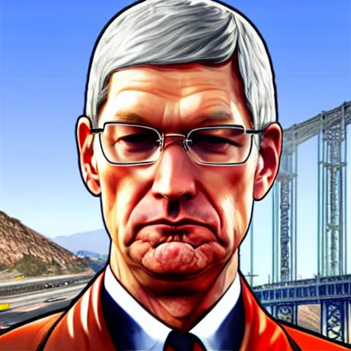 Prompt: tim cook in gta v cover art