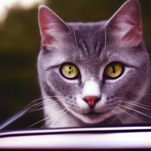 Prompt: photograph of a gray cat with yellow eyes looking out a car window, screenshot from commercial from 1989, cinestill, Sigma 24mm f/8, production still