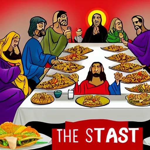 Prompt: the last supper but everyone has taco bell food on their plates