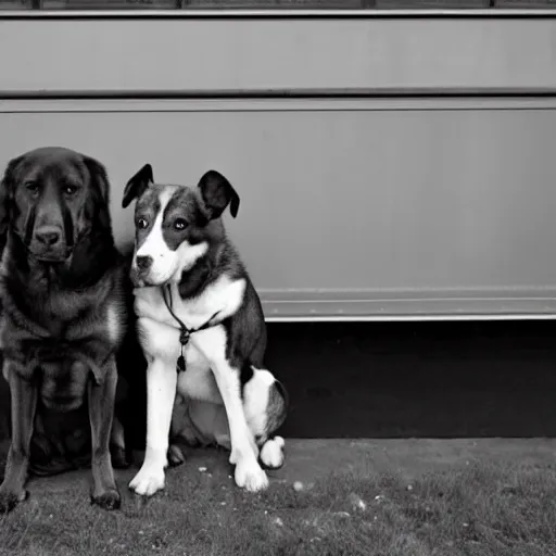 Image similar to a photo of two dogs sitting in front of the bus, hd award winning photograph, high detailed, 2001 style