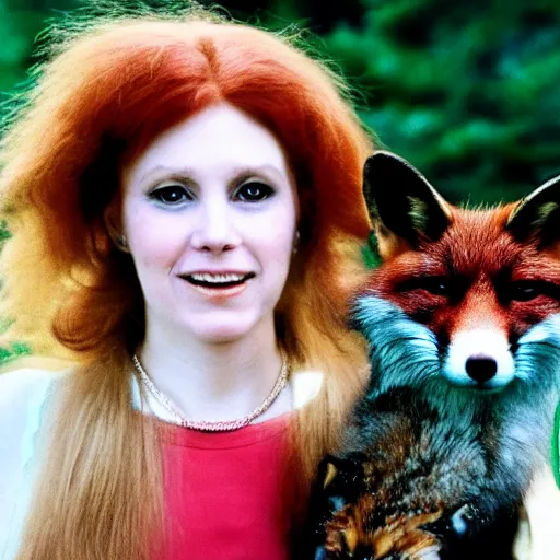 Image similar to portrait of a red haired woman, in 7 0 s clothes, holding a fox over her head while roller skating