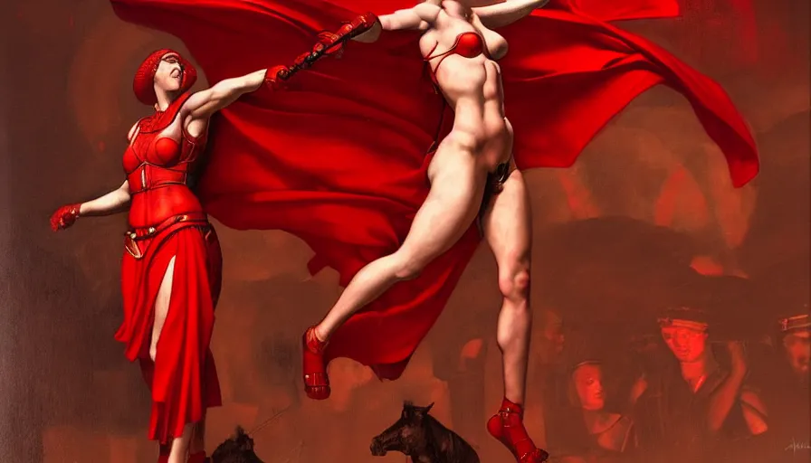 Image similar to only with red, an armored female gladiator in a crowded roman amphitheatre, crowd cheering, in the style of rolf armstrong and ambrosius benson and edward hopper and and rodcenko, intricate and epic composition, red by caravaggio, highly detailed, masterpiece, red light, artstation